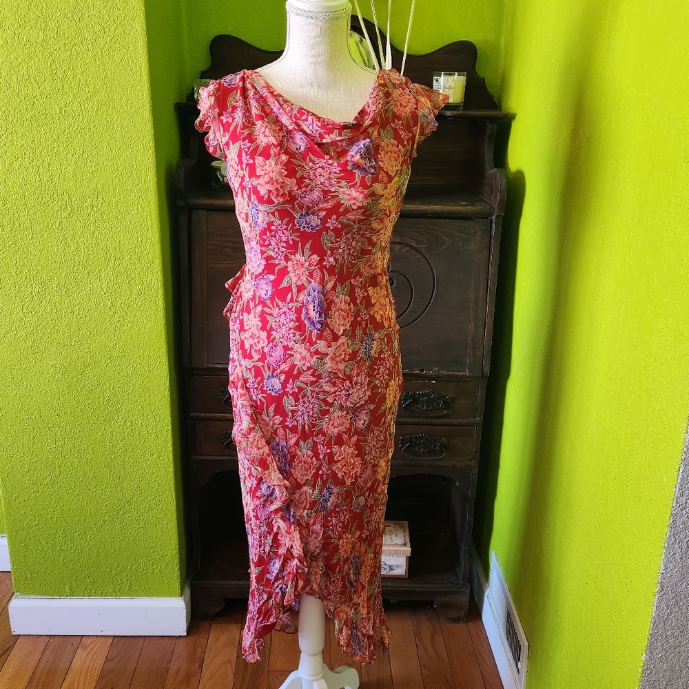 Vintage Y2k Robbie Bee Floral Rose Silk Beaded Ruffles Maxi Dress